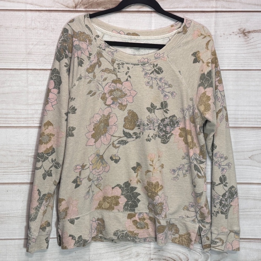 Maurices Womens Floral Waffle Knit Sweatshirt Beige Pink Raglan Sleeve Large
